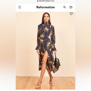 Reformation Dress navy blue, yellow flowers with high knee slit and high neck